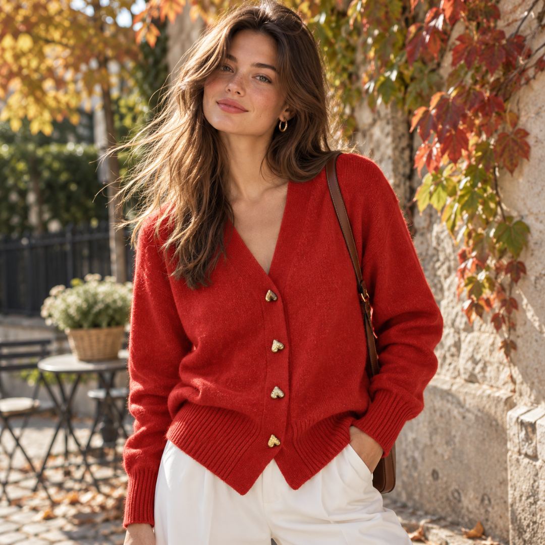 Gilet femme rouge à boutons cœurs dorés, bas côtelé et pans avant en pointe