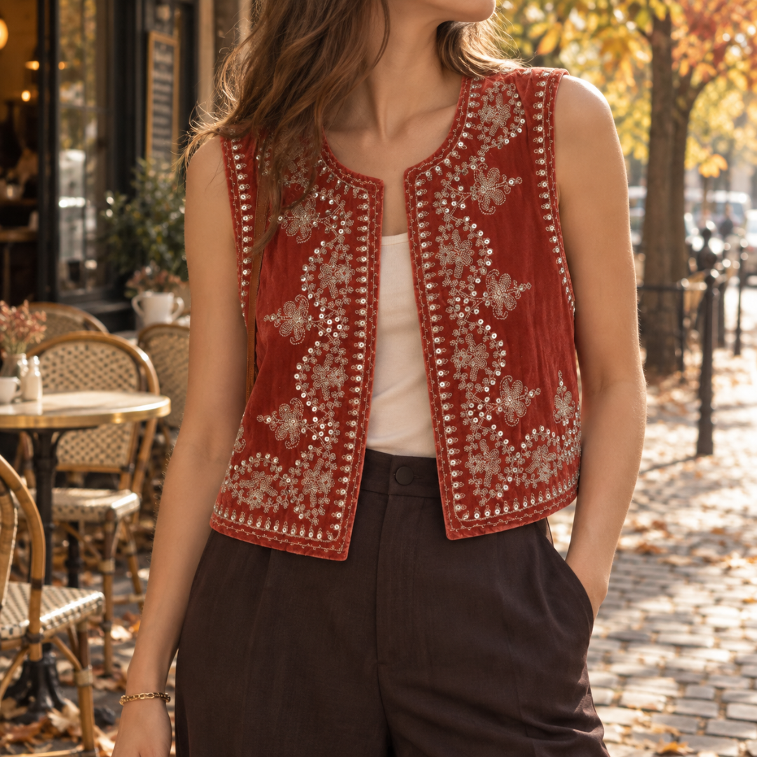 Gilet femme rouge brodé de fleurs et sequins, porté ouvert en ville