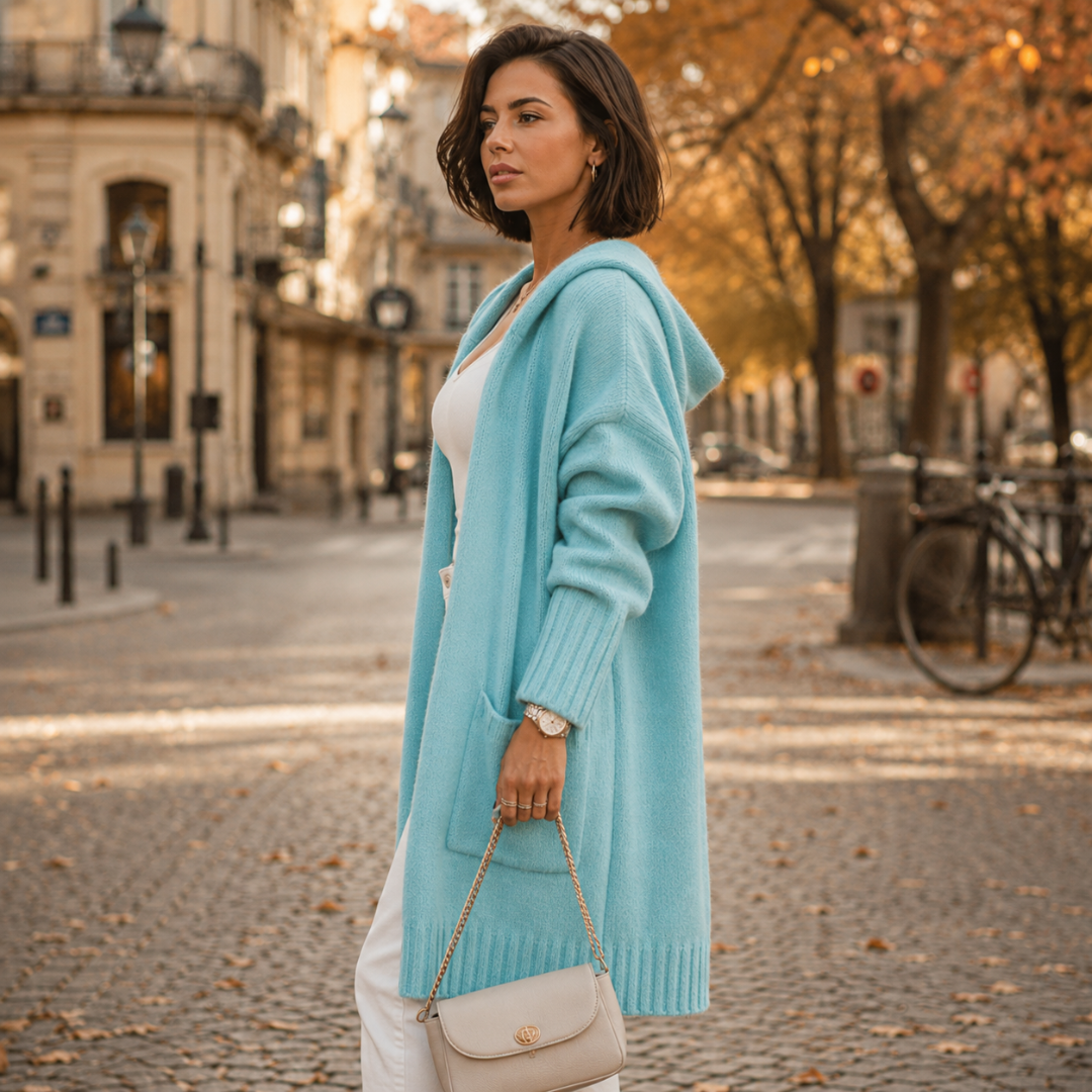 Vue de profil du gilet bleu clair à capuche, bordure côtelée et poche latérale visibles