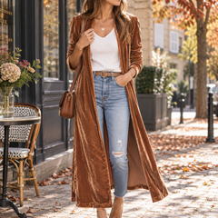 Gilet long marron caramel ouvert, effet velours et manches longues