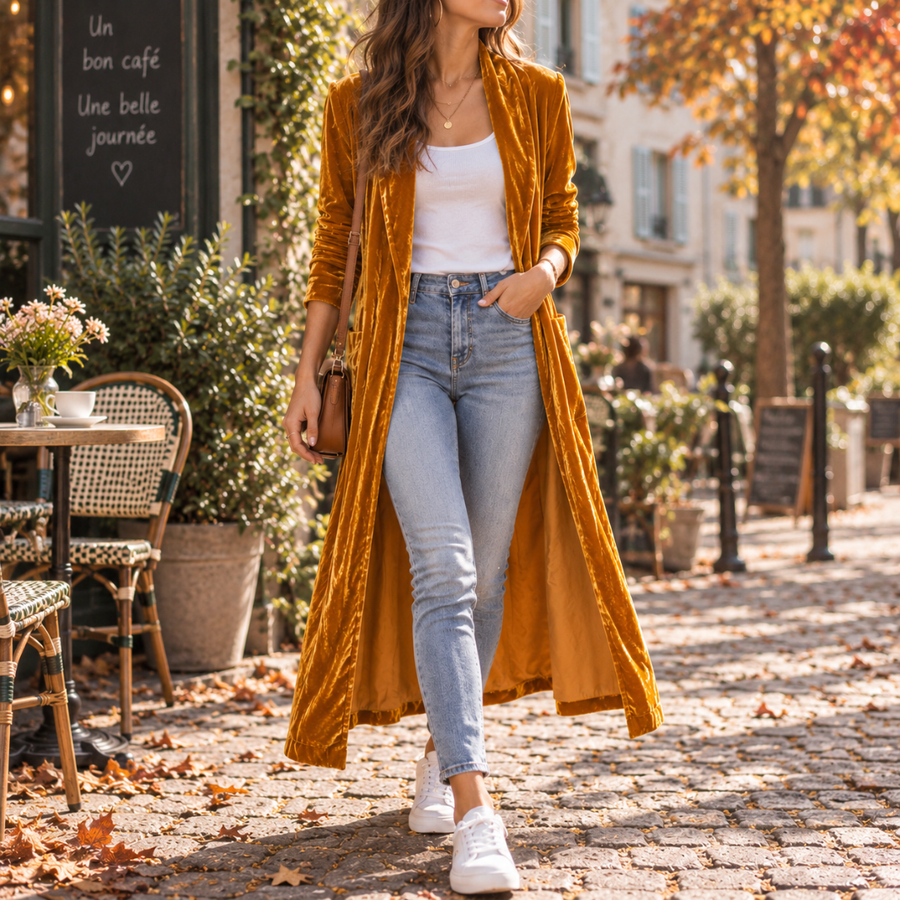 Gilet femme long orange porté ouvert avec col châle et pantalon clair