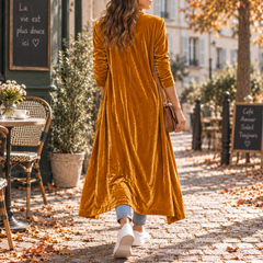 Dos du gilet long orange à manches longues et bas légèrement évasé