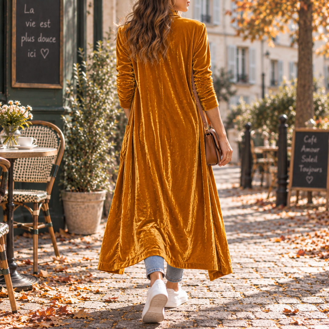 Dos du gilet long orange à manches longues et bas légèrement évasé