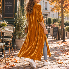 Gilet long orange de dos avec poche plaquée et fente latérale ouverte