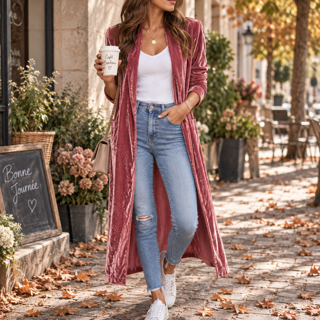 Gilet long rose à effet velours brillant porté avec un pantalon clair