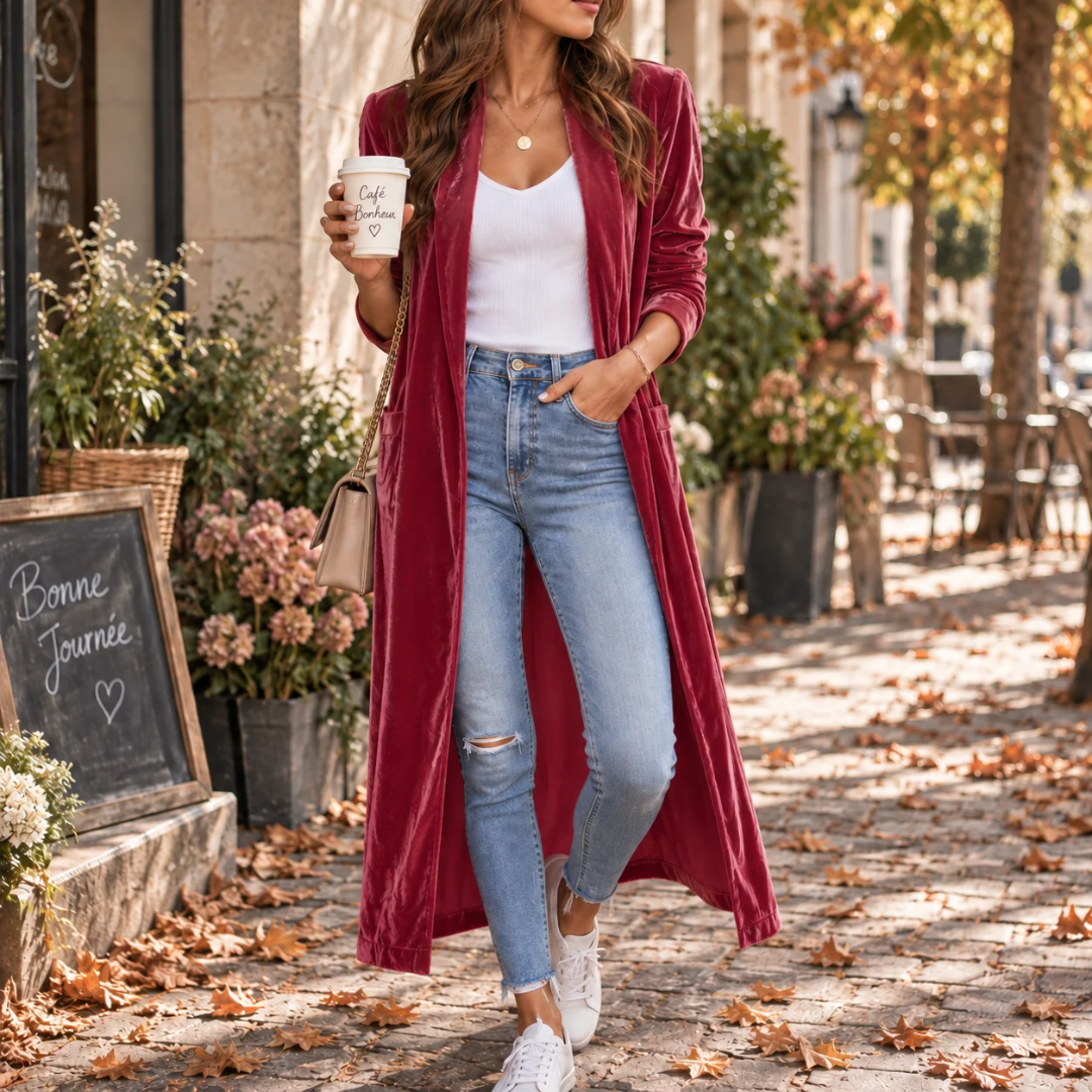 Gilet femme long rose foncé porté ouvert sur un top blanc et un jean
