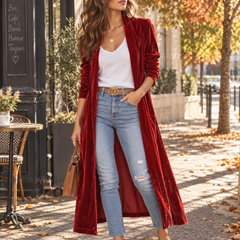 Gilet femme long rouge avec poches plaquées et col châle descendant