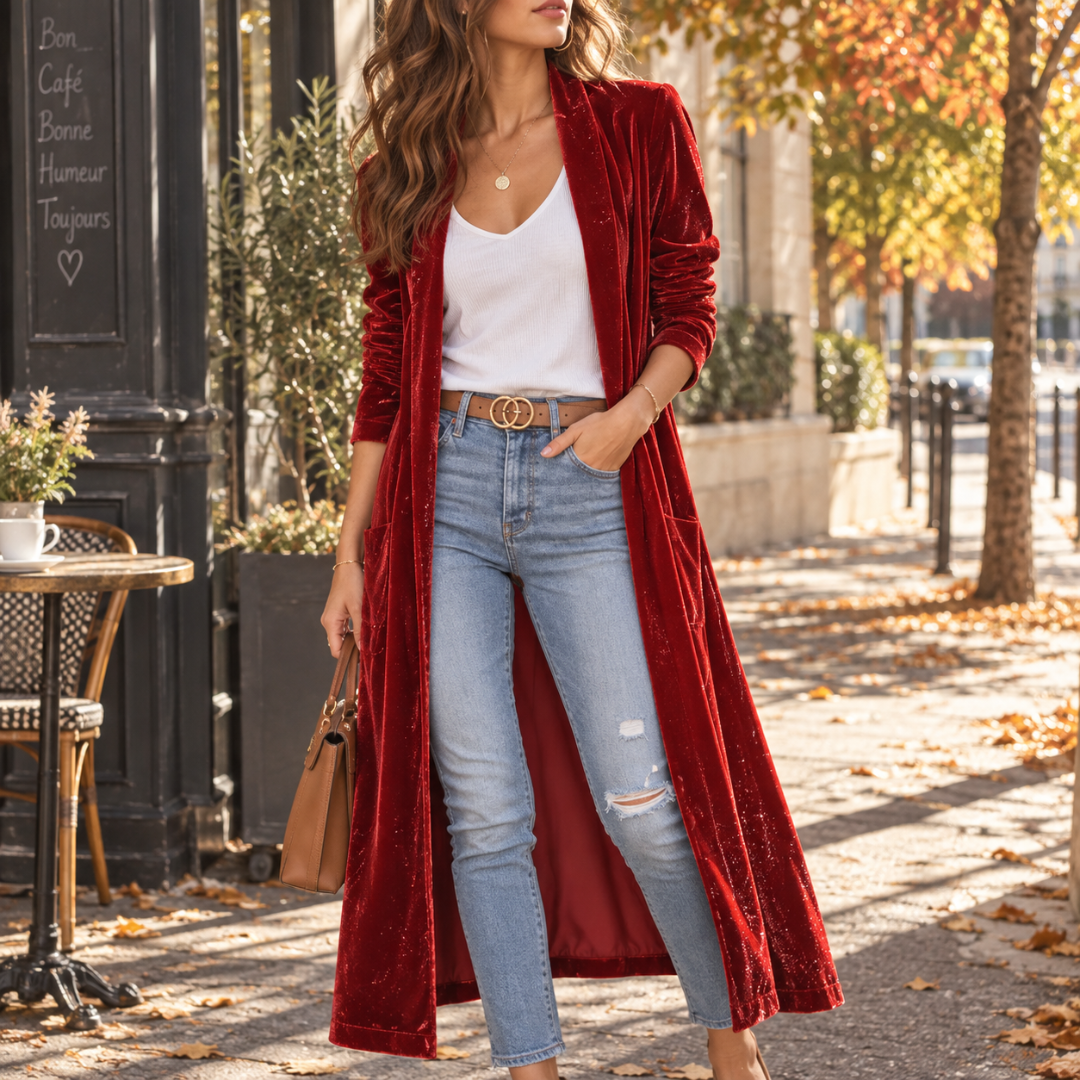 Gilet femme long rouge avec poches plaquées et col châle descendant