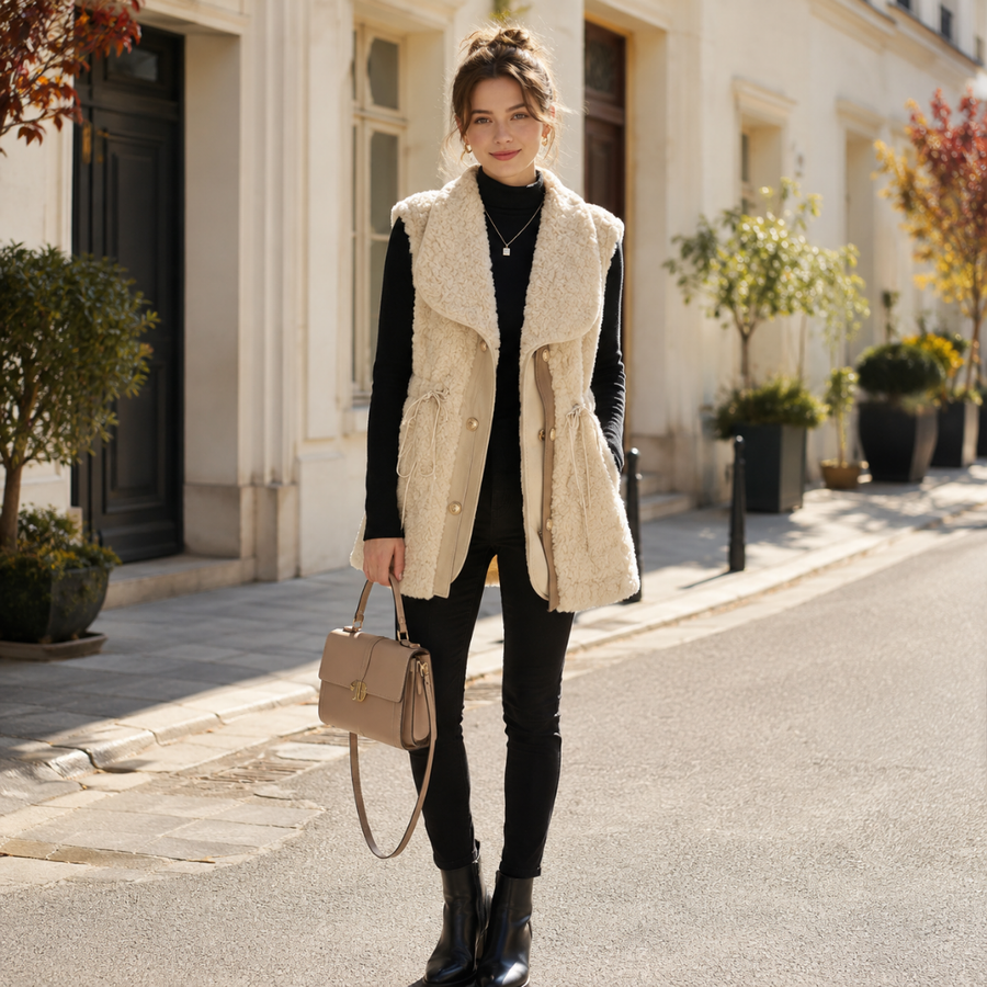 Gilet femme long abricot sans manches à col châle et boutons dorés