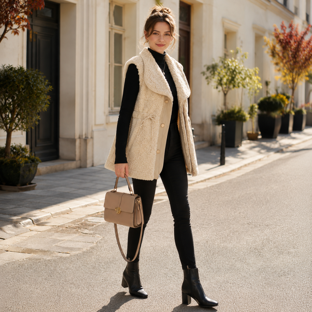 Gilet femme abricot boutonné, col châle large et poches plaquées