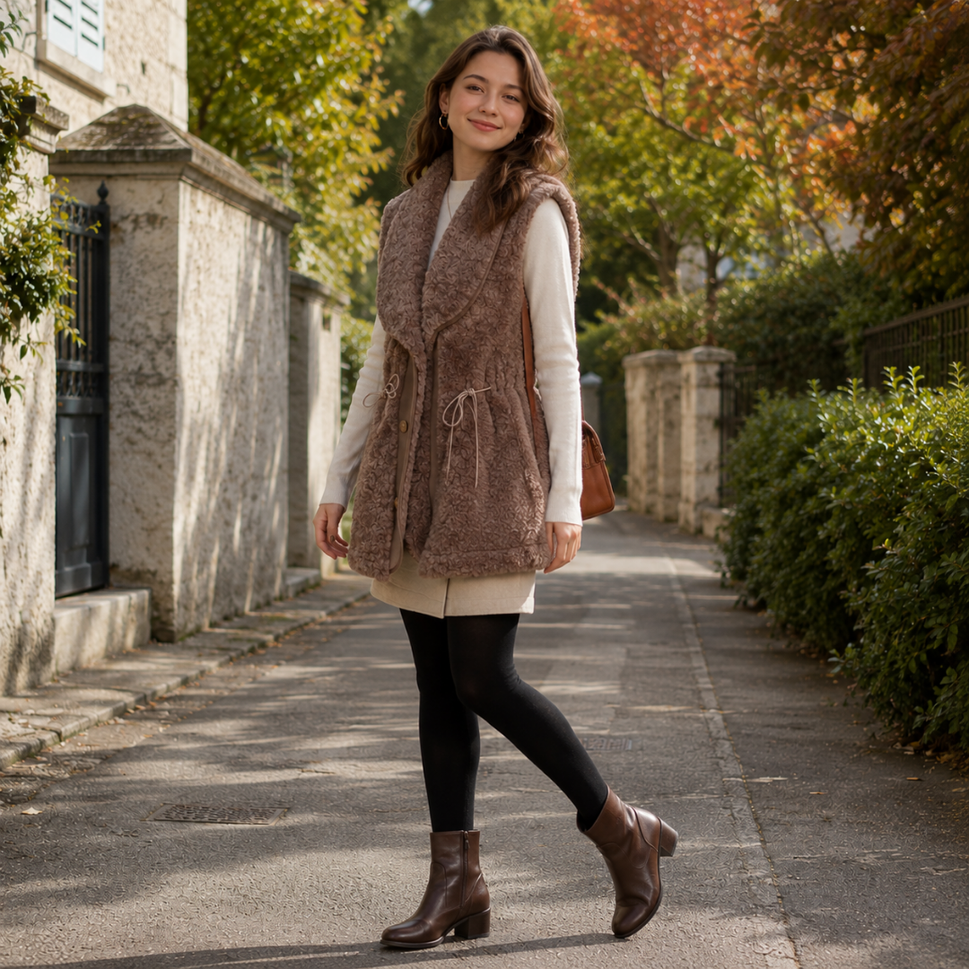 Gilet femme long marron à texture bouclée et cordon noué à la taille