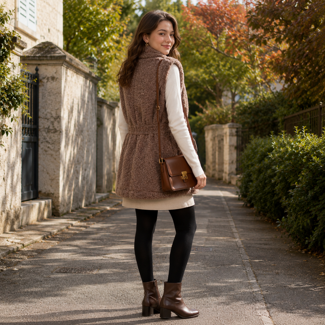 Dos du gilet marron sans manches avec fronces à la taille
