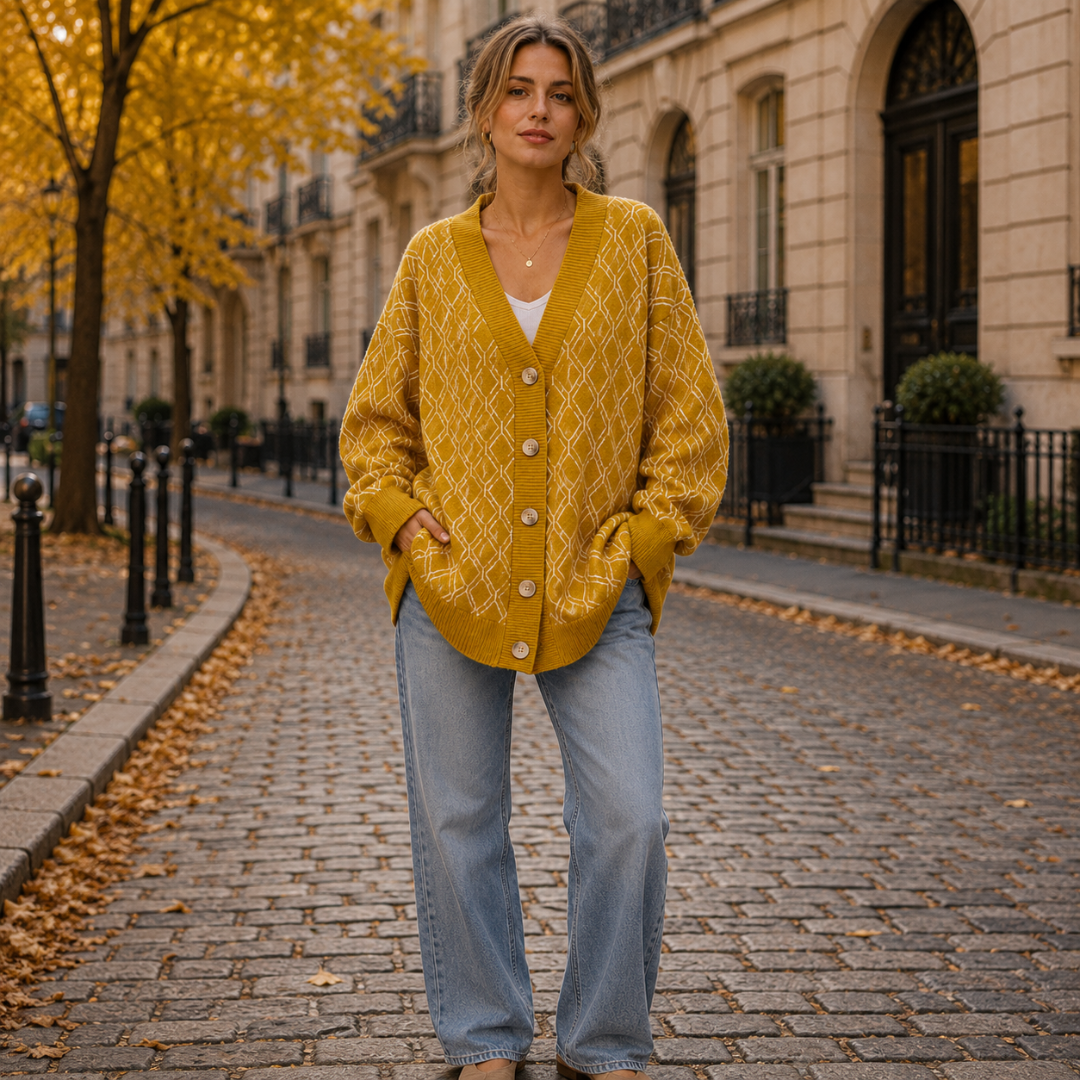 Gilet femme jaune à motif losanges, col V et boutonnage fermé sur le devant