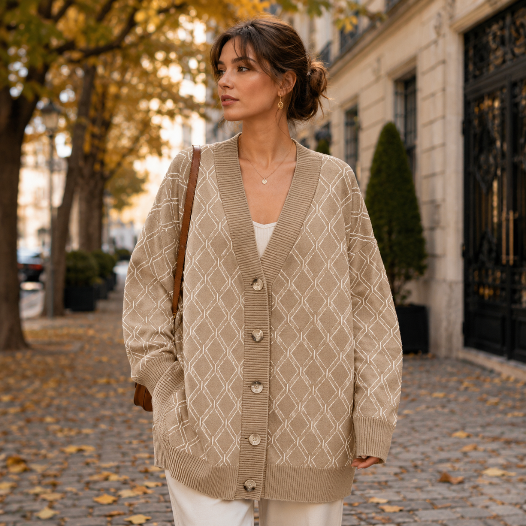 Gilet femme kaki clair à losanges, col V côtelé et boutonnage devant