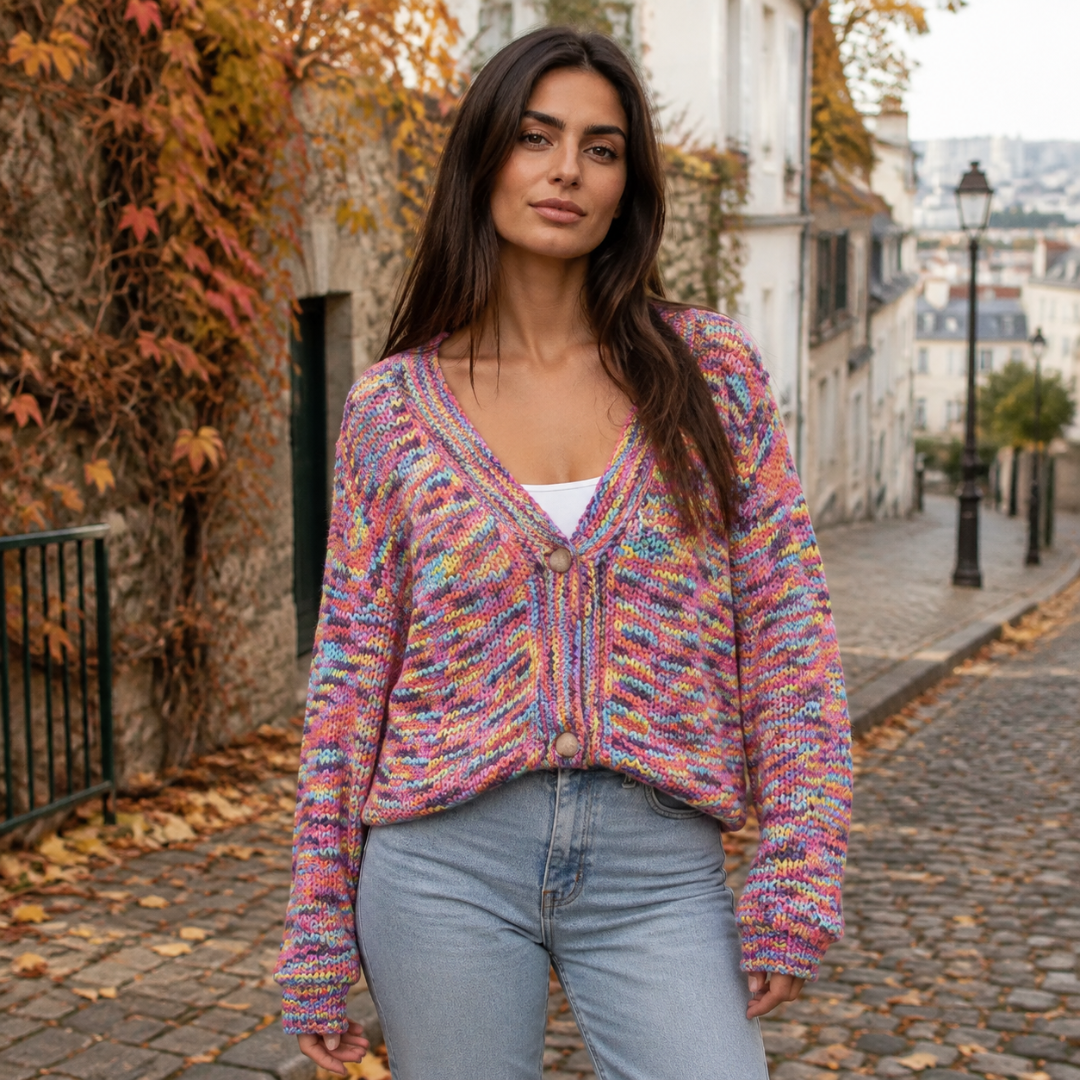 Gilet femme multicolore en maille, col V et boutons ronds, porté avec pantalon clair