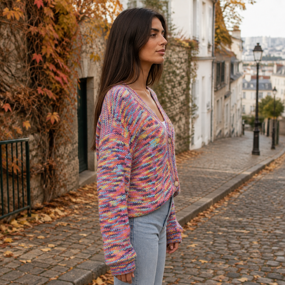 Vue de profil du gilet multicolore en maille, manche longue et poignet côtelé