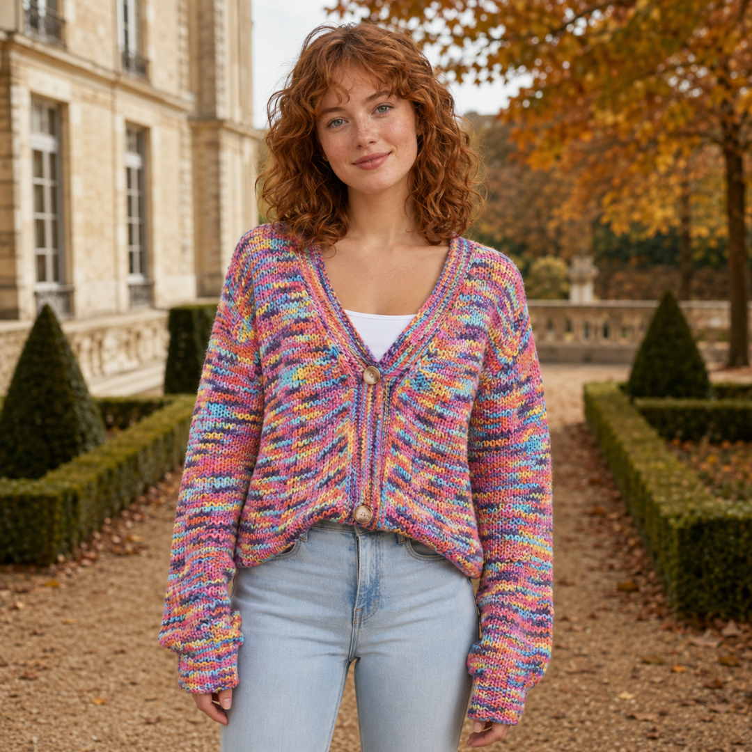 Gilet en maille multicolore à col V ouvert sur un top blanc, deux boutons ronds