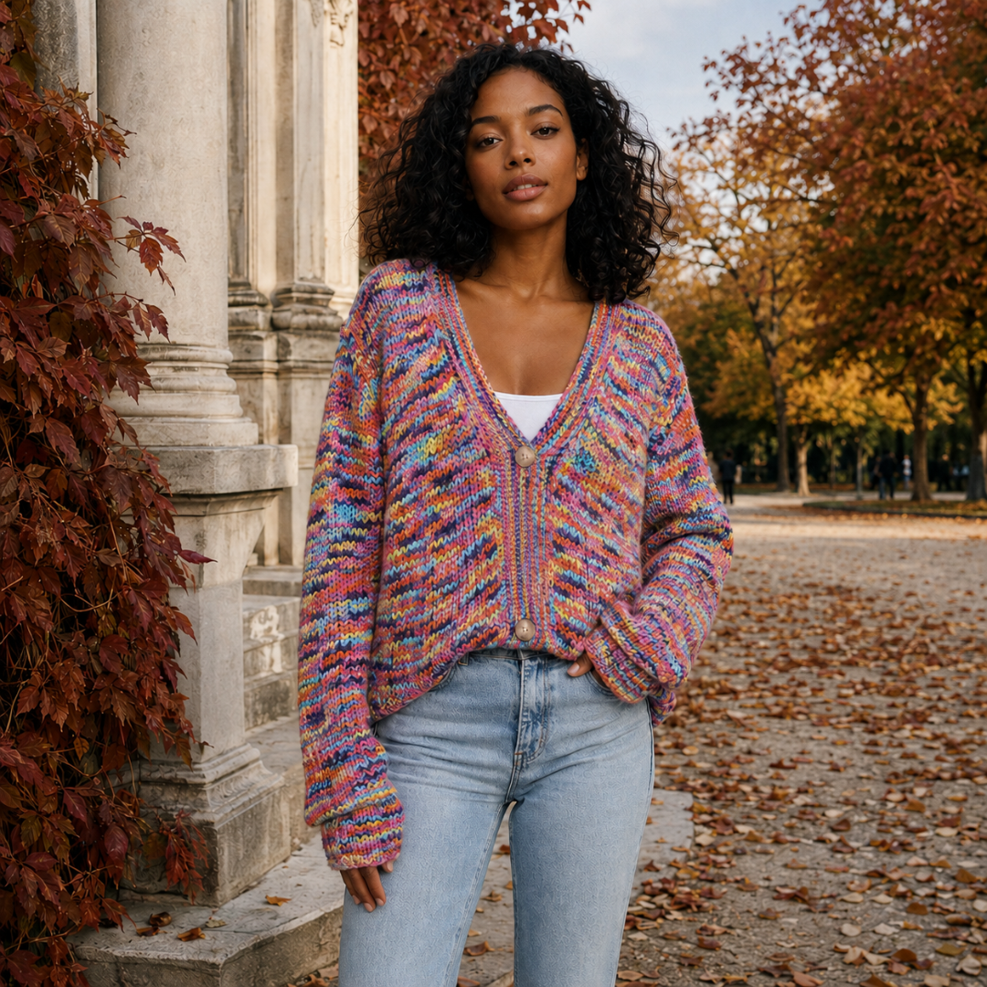 Gilet femme en maille multicolore porté ample, col V et manches longues