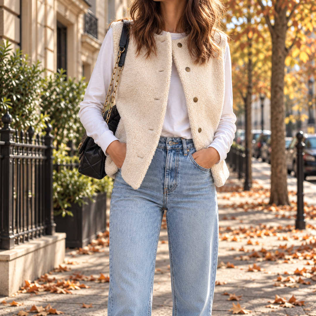 Gilet femme blanc sans manches à effet peluche, porté ouvert sur un t-shirt blanc