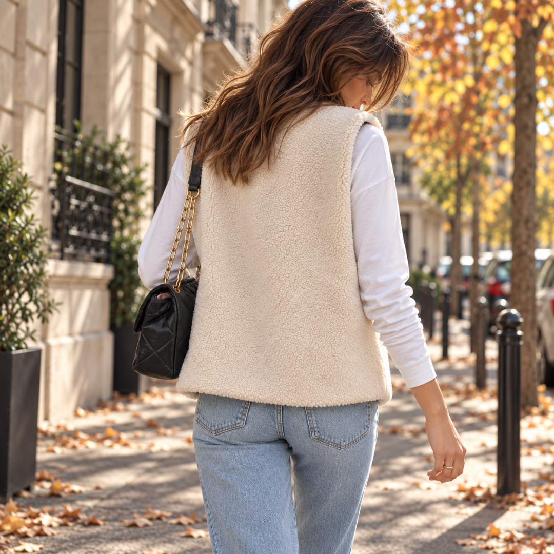 Dos uni du gilet femme blanc sans manches à effet peluche, vu de derrière