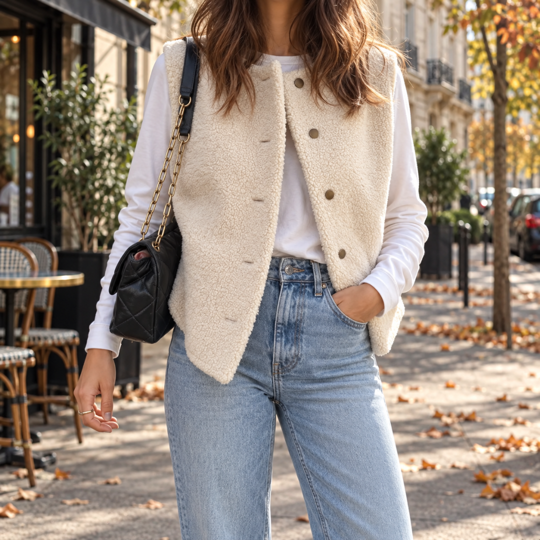 Gilet femme blanc effet peluche porté sur un t-shirt blanc et un pantalon clair