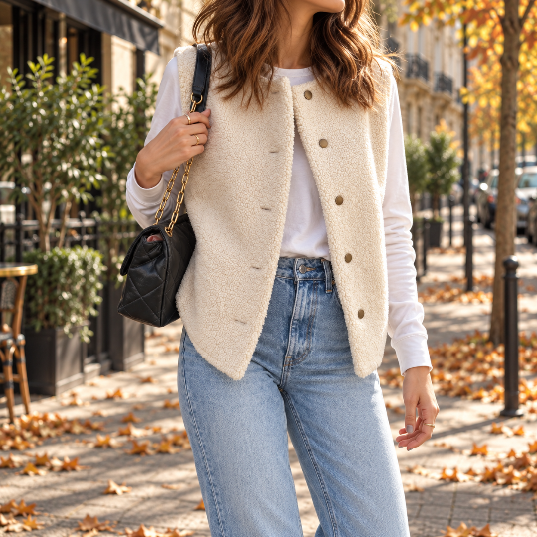 Gilet sans manches blanc à encolure ronde, rangée de boutons dorés bien visible