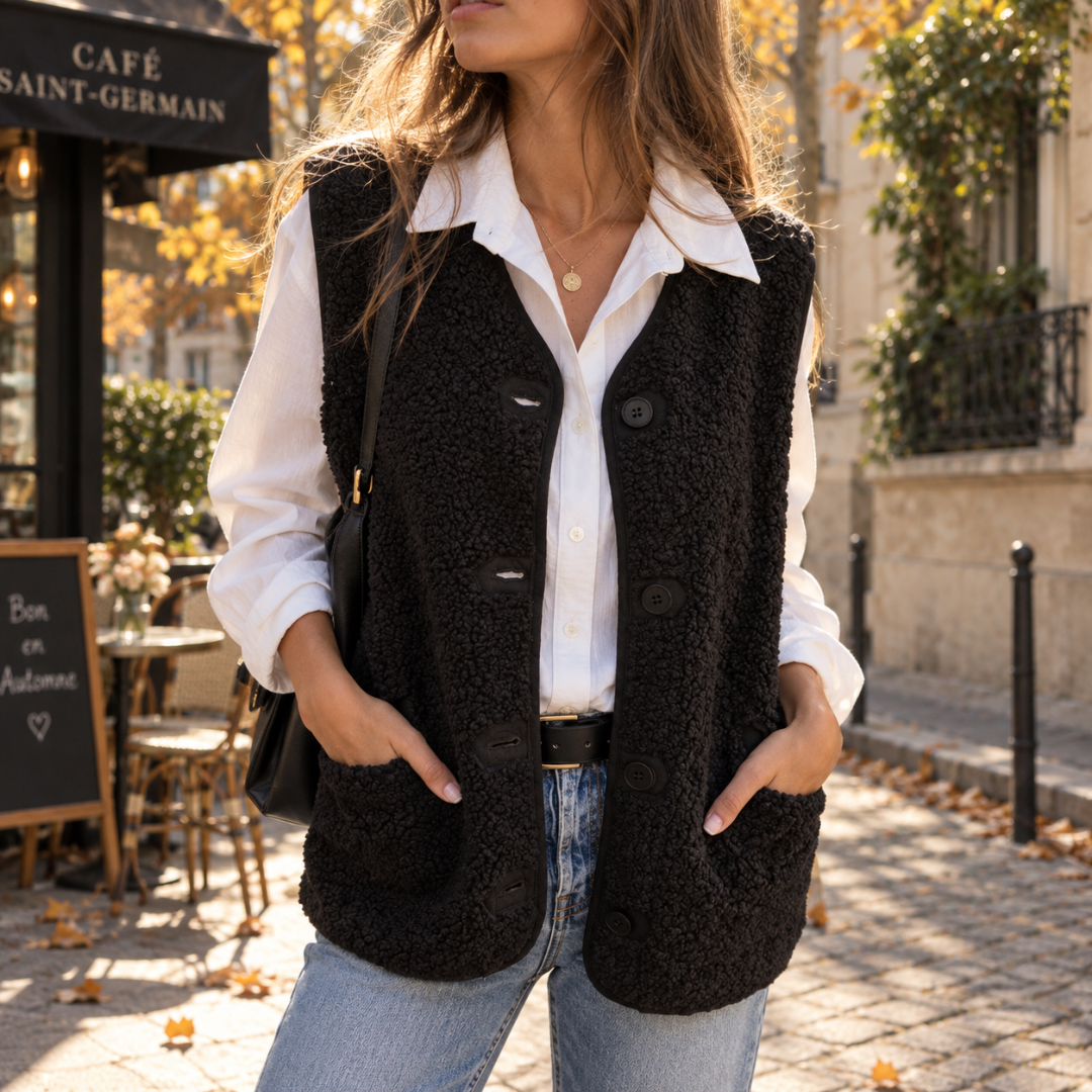 Gilet femme sans manches noir boutonné porté sur une chemise blanche