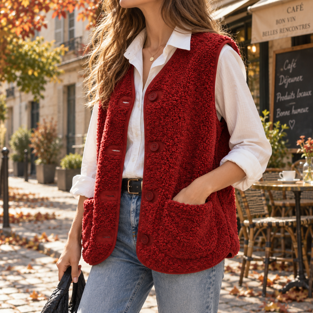 Détail du col V et des boutons ronds du gilet rouge sans manches