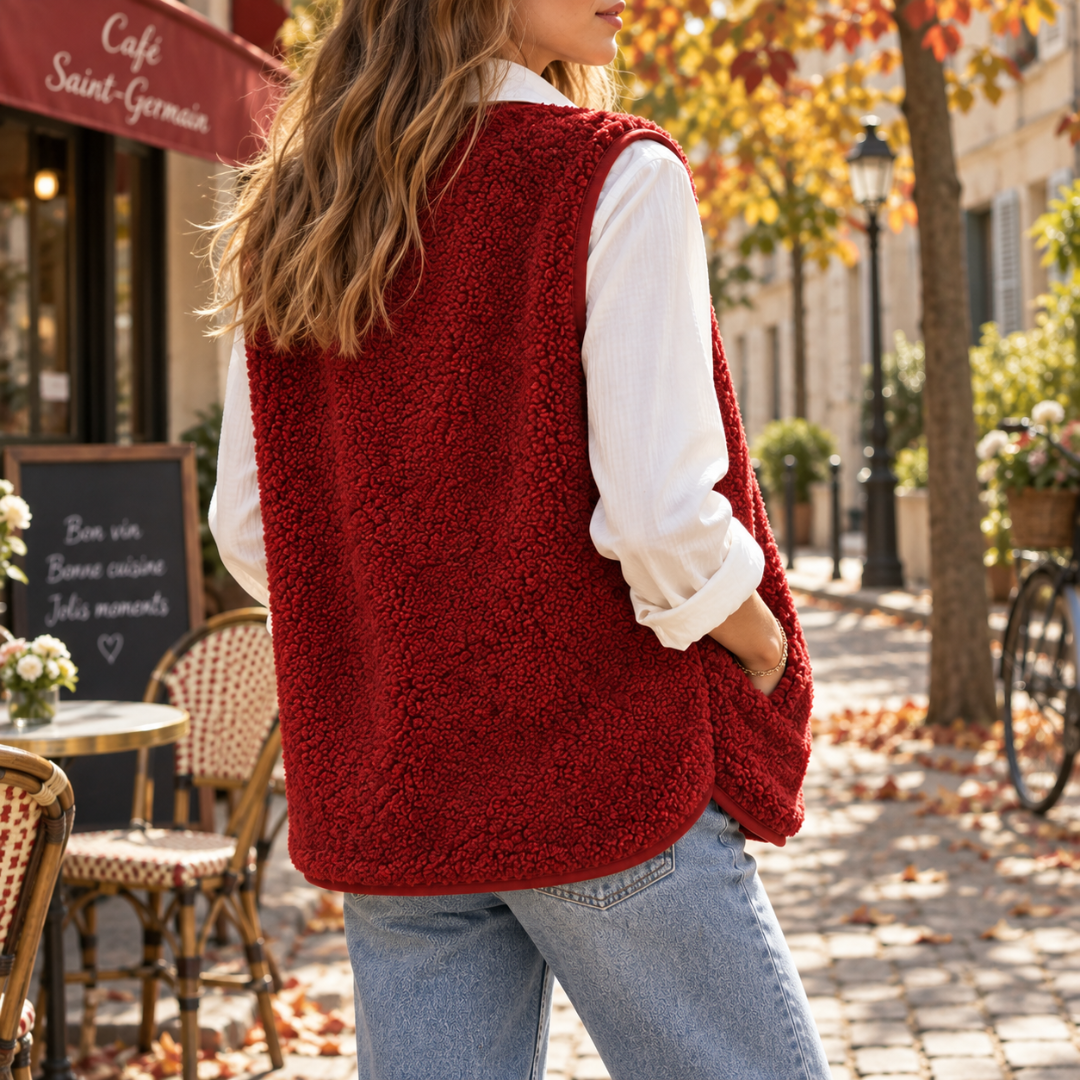 Dos du gilet femme rouge sans manches avec ourlet arrondi et biais uni