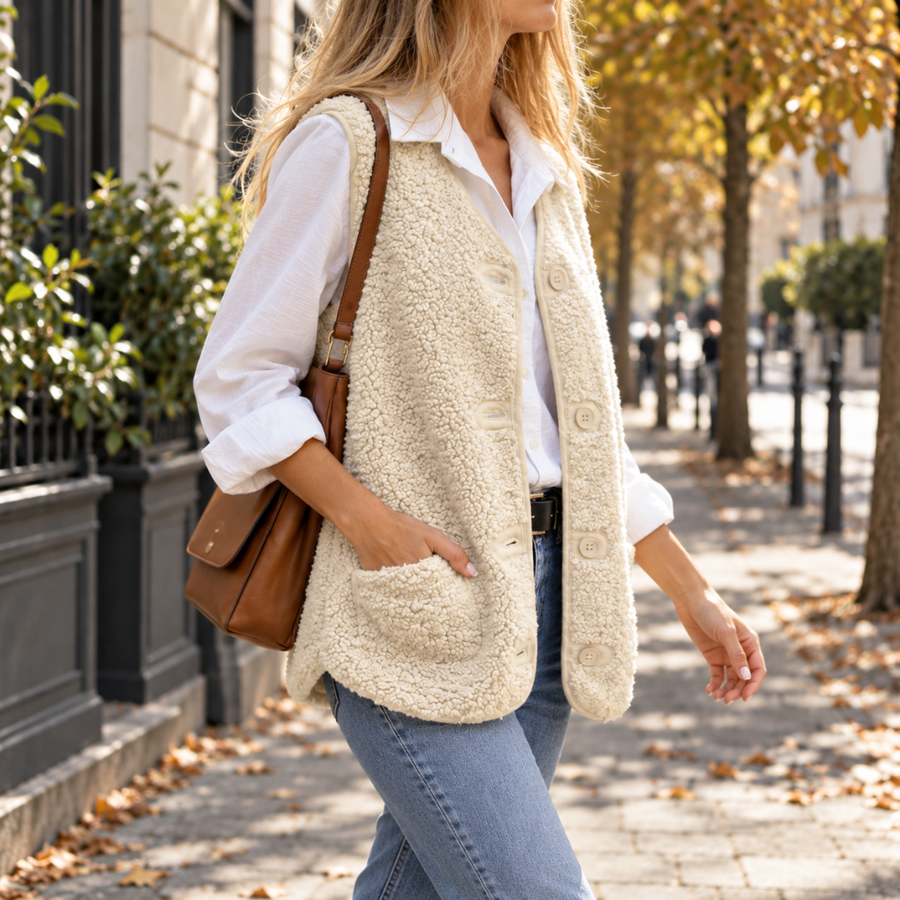 Gilet femme sans manches blanc à effet bouclé, porté ouvert sur chemise blanche
