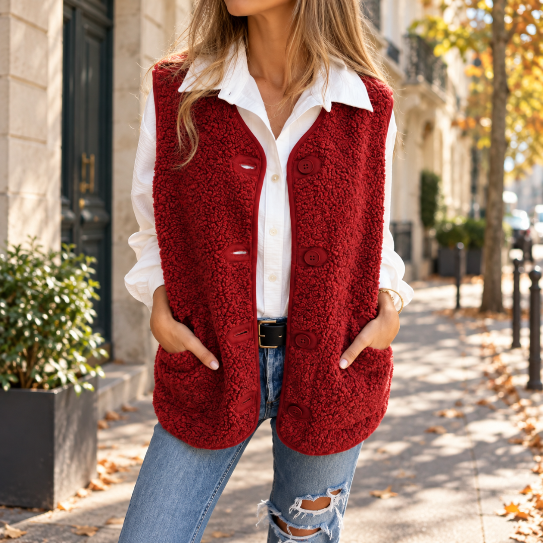 Gilet femme rouge sans manches, gros boutons ronds et ourlet arrondi, sur chemise blanche
