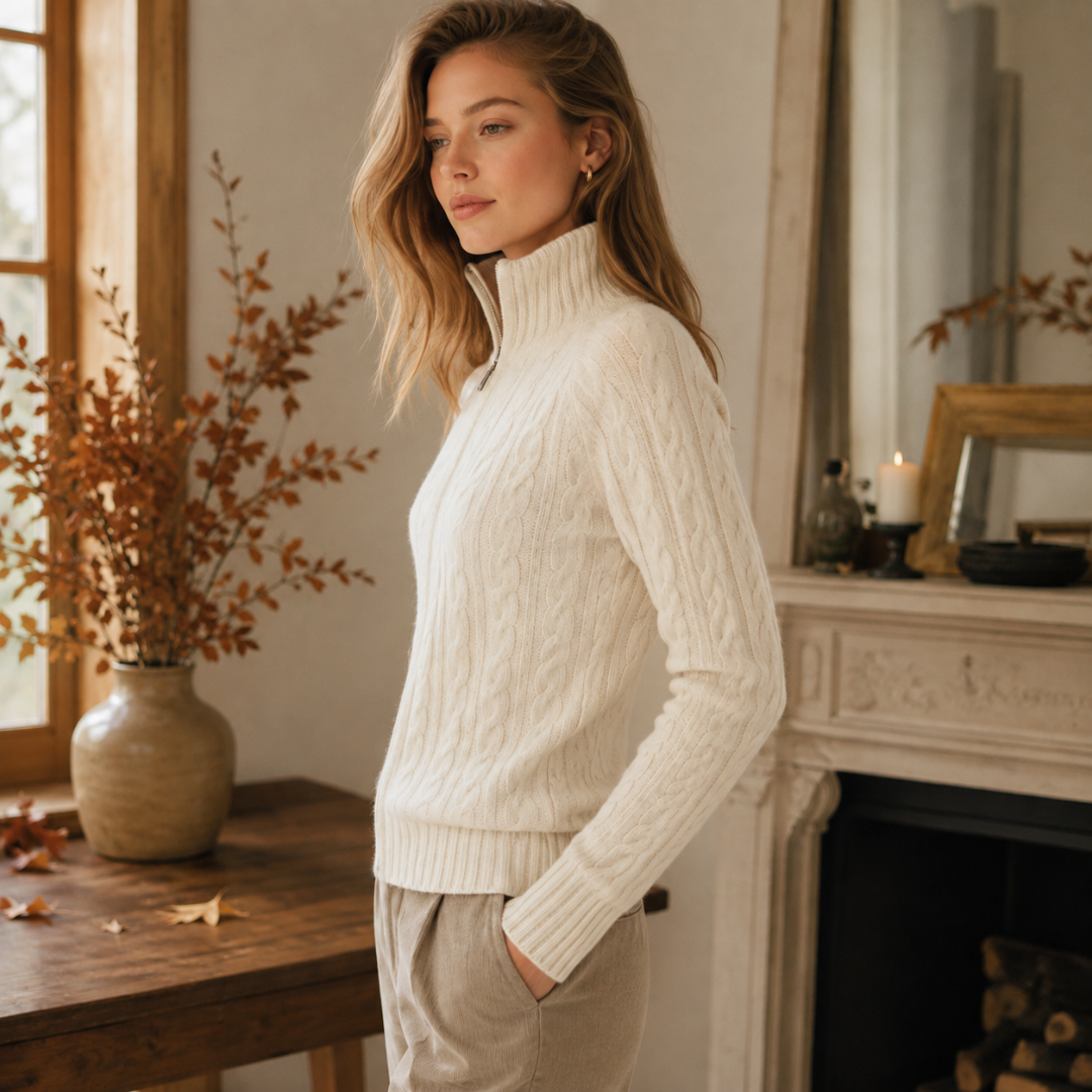 Vue de profil du gilet femme blanc, torsades sur les manches et bas côtelé