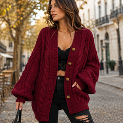 Gilet femme rouge foncé torsadé, col V profond et manches ballon à poignets côtelés
