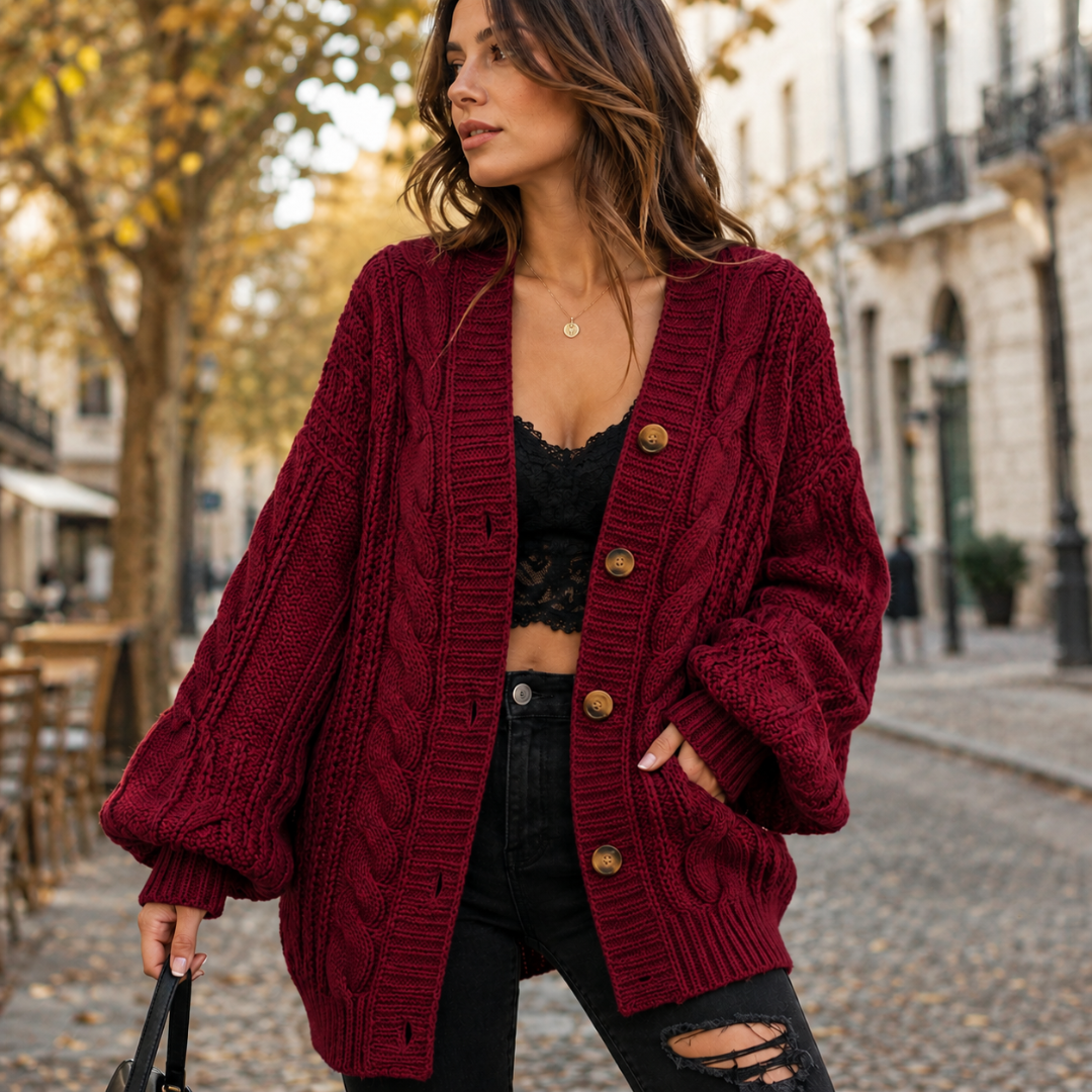 Gilet femme rouge foncé torsadé, col V profond et manches ballon à poignets côtelés