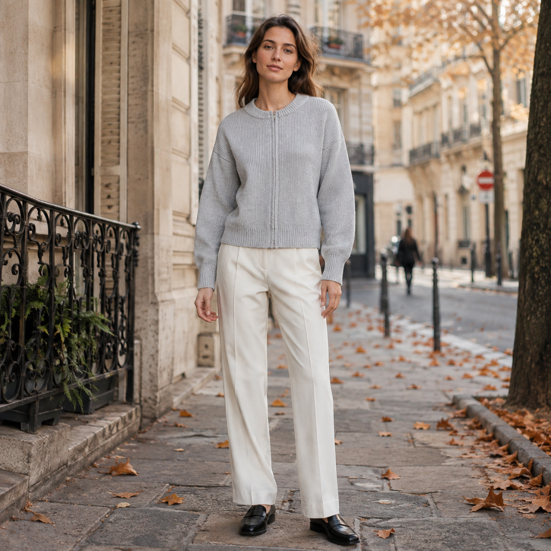 Gilet zippé gris clair porté par une femme, fermeture centrale et col rond côtelé
