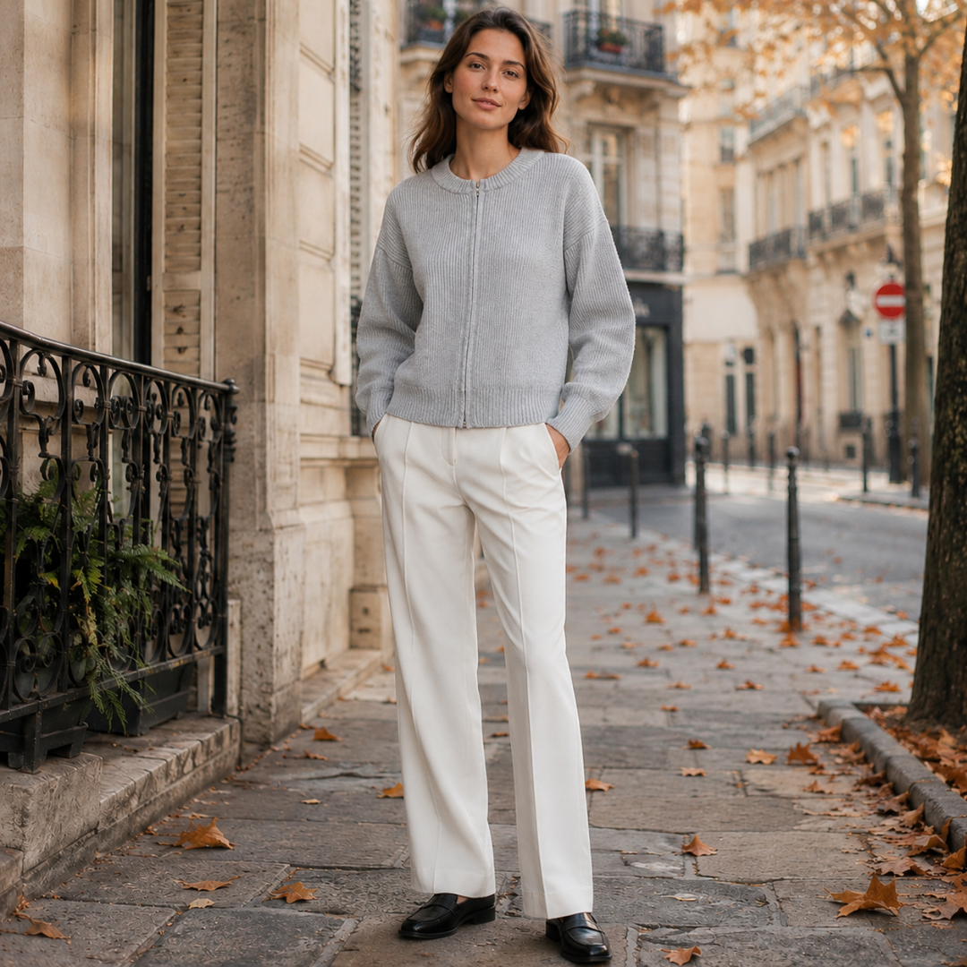 Gilet gris clair associé à un pantalon large, poignets resserrés et zip fermé