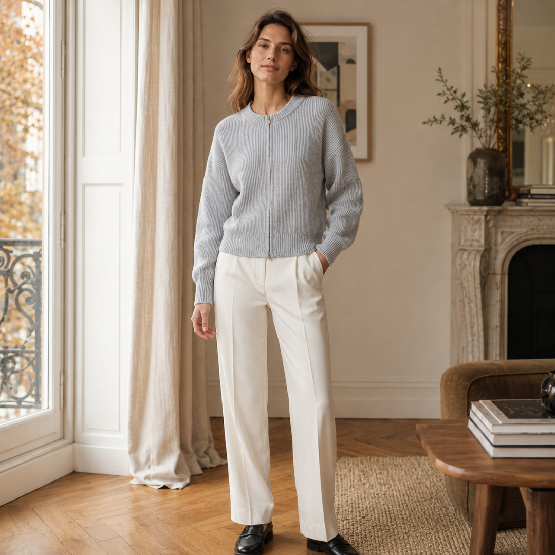 Gilet gris clair zippé porté en intérieur, curseur de fermeture et encolure ronde