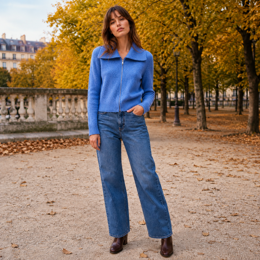 Gilet bleu zippé à grand col porté par une femme dans un parc parisien