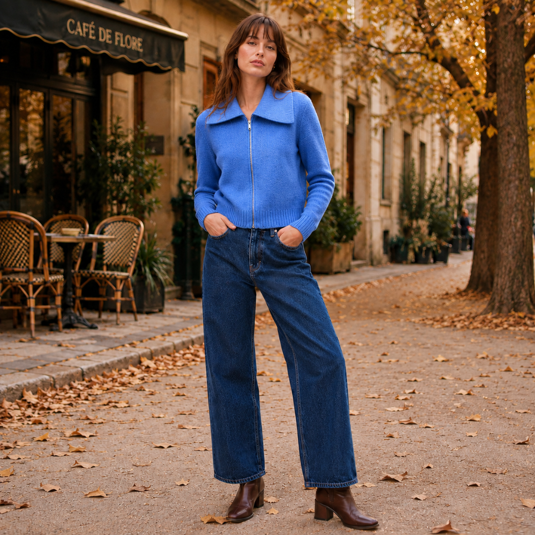 Gilet bleu zippé à grand col porté par une femme devant un café parisien