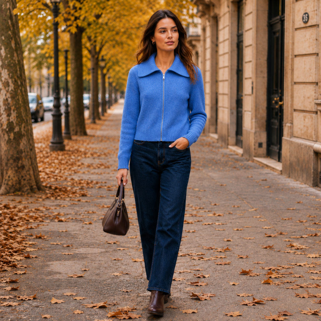 Gilet bleu zippé porté par une femme marchant sur un trottoir couvert de feuilles