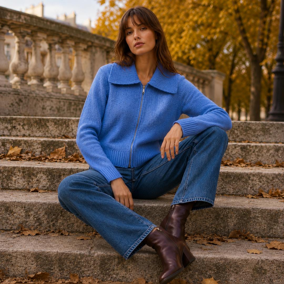Gilet bleu zippé porté par une femme assise sur des marches en pierre