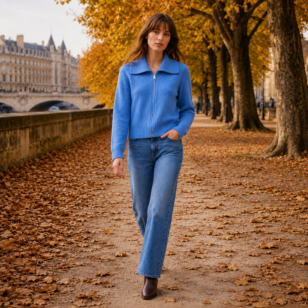 Gilet bleu zippé au relief subtil sur le devant, porté lors d'une promenade automnale