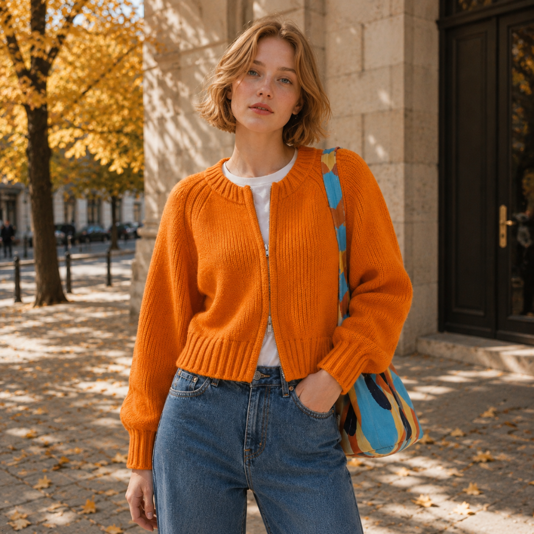 Gilet femme orange en maille, fermeture zippée ouverte et col rond côtelé
