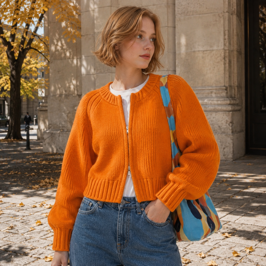 Gilet court orange porté avec un pantalon bleu, poignets larges côtelés visibles