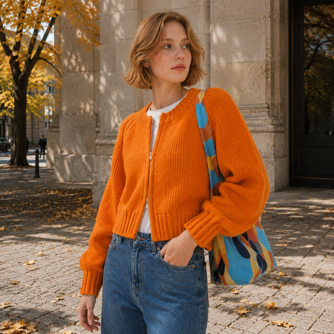 Gilet femme orange à manches raglan et double curseur de fermeture zippée
