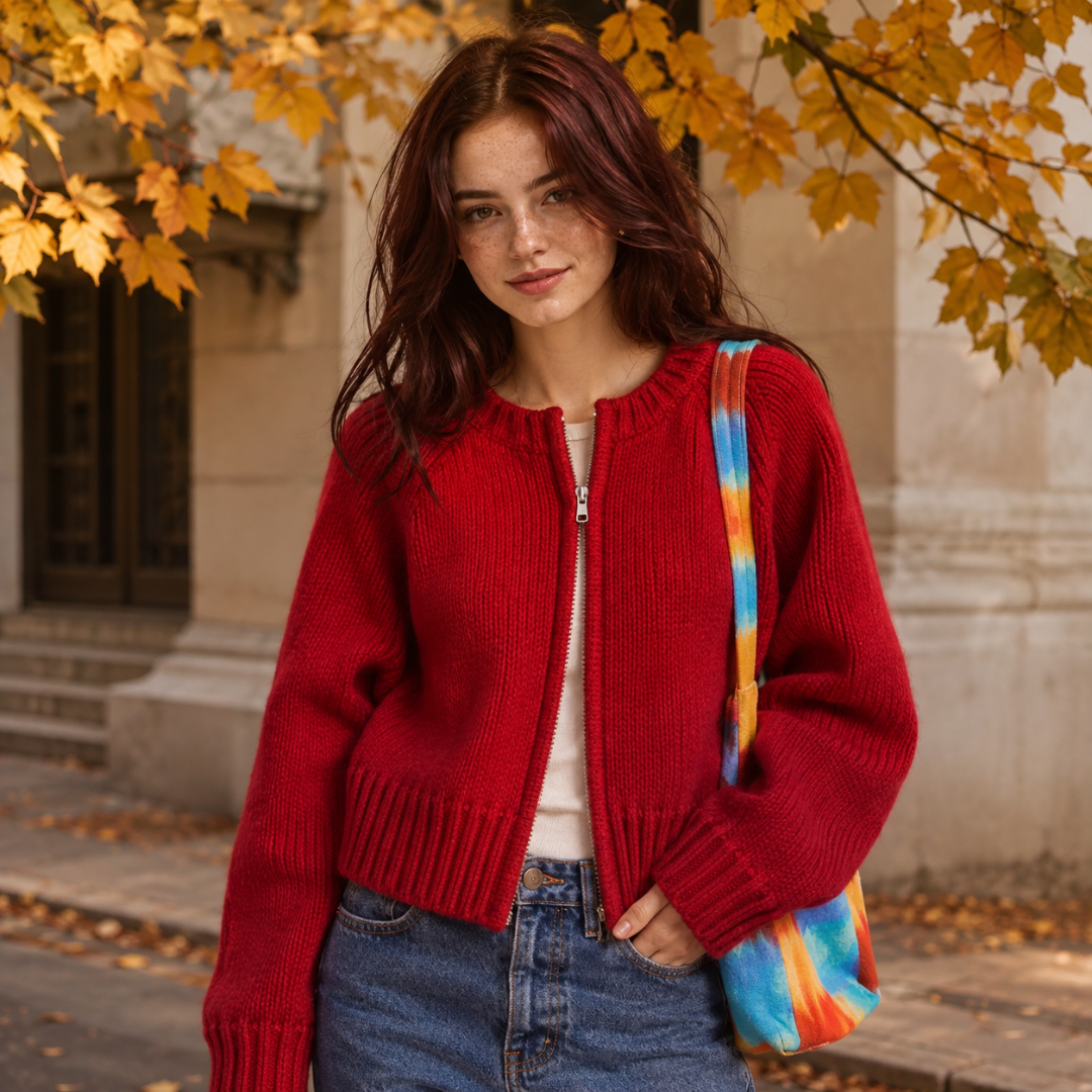 Gilet femme rouge court à col rond côtelé et fermeture zippée centrale