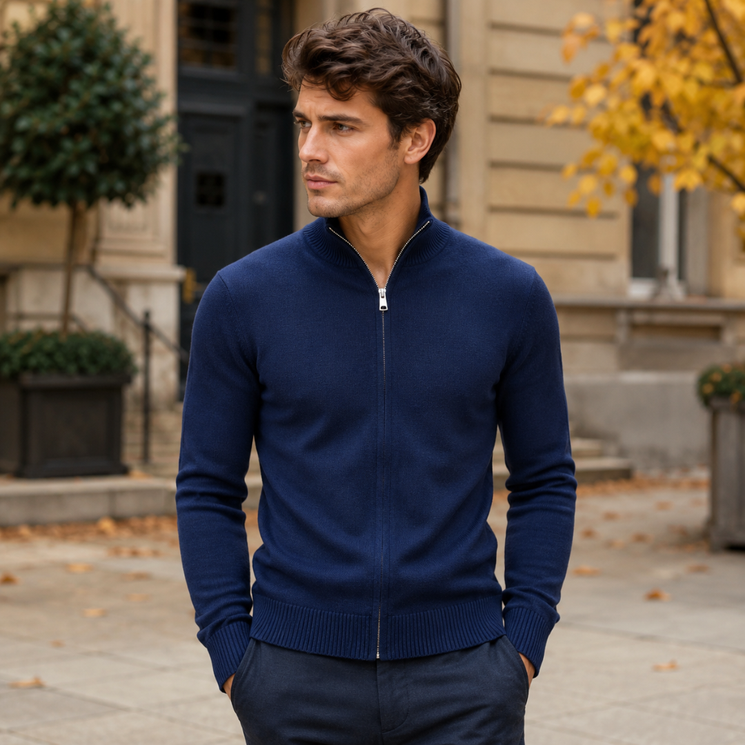 Gilet homme bleu marine en maille fine, fermeture à glissière argentée et col montant