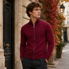 Gilet homme bordeaux zippé, col montant et poignets côtelés, feuillage automnal