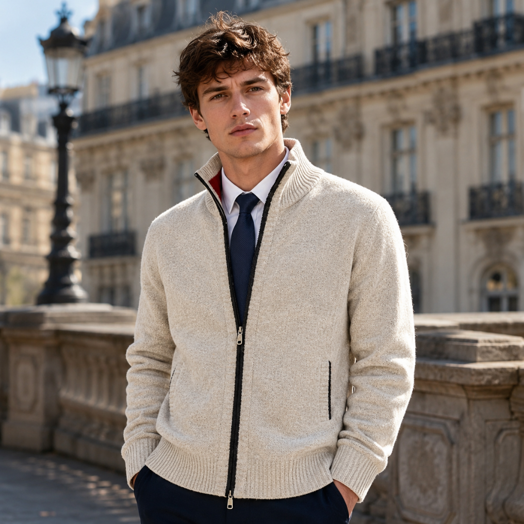 Gilet homme beige à col montant, zip contrastant noir et poches latérales discrètes