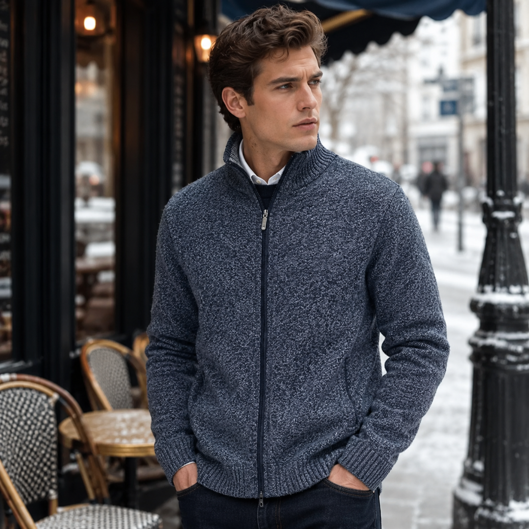 Gilet homme bleu marine chiné à maille dense, col montant et bas côtelé